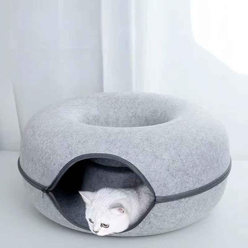 chat blanc dans tunnel du lit pour chat