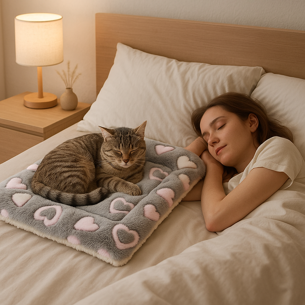 chat dort paisiblement sur son tapis de lit posé sur un lit