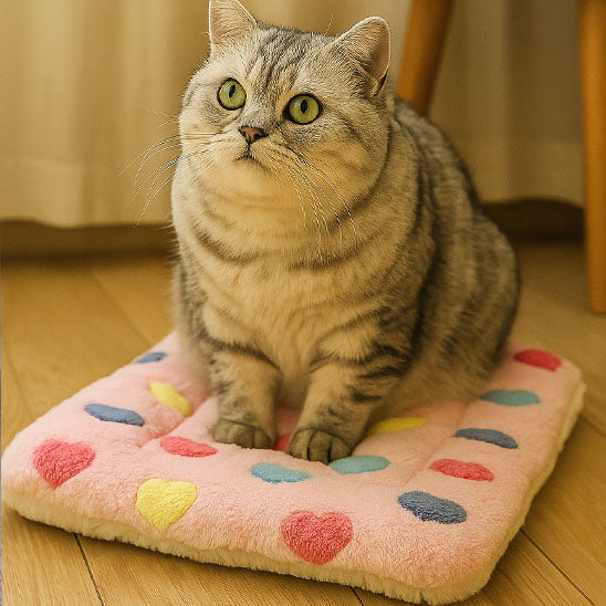 chat gris clair couché sur tapis de lit pour chat