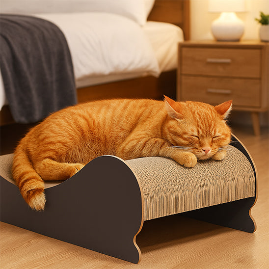 chat roux dort sur griffoir canapé lit