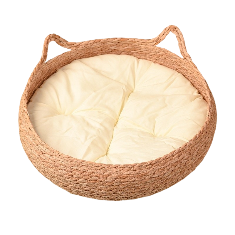 panier chat en rotin beige
