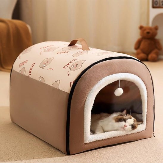 niche pour chat brun et chat dort