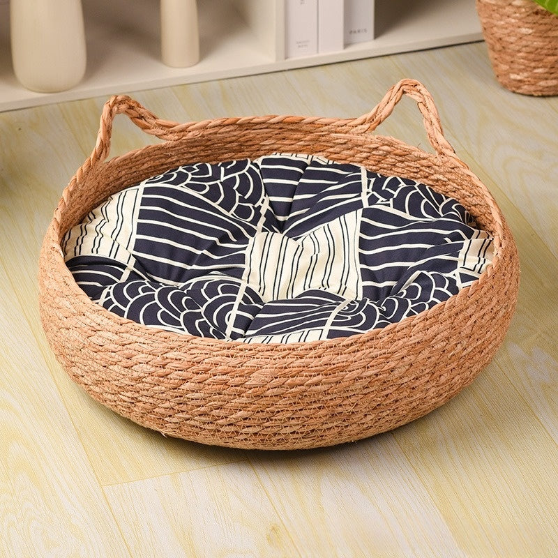 panier chat en rotin bleu