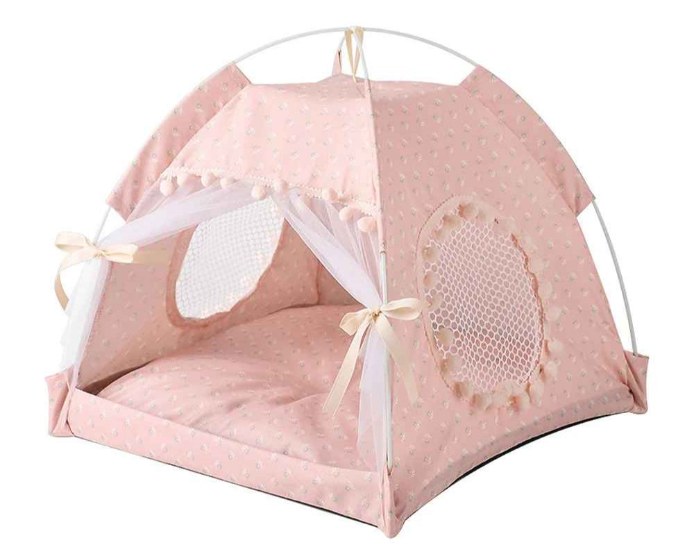 pompon rose tente pour chats