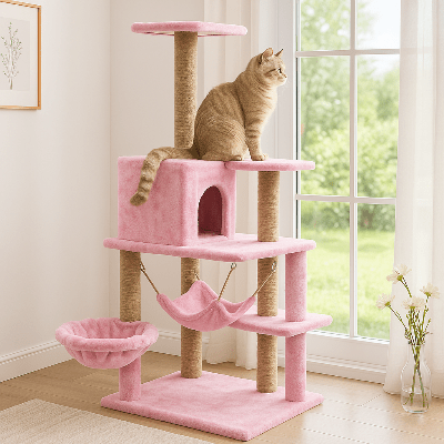 Arbre à chat / 2 Hamacs Multi - niveaux 130cm - chat roux observe l'extérieur