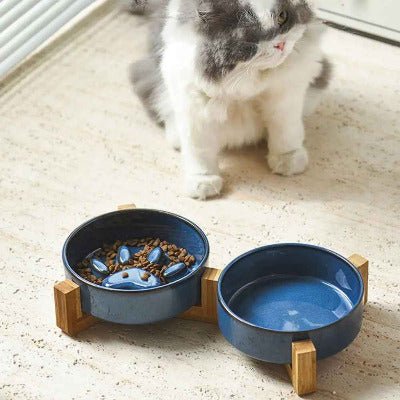 chat assis devant double Gamelle chat anti glouton céramique surélevée 