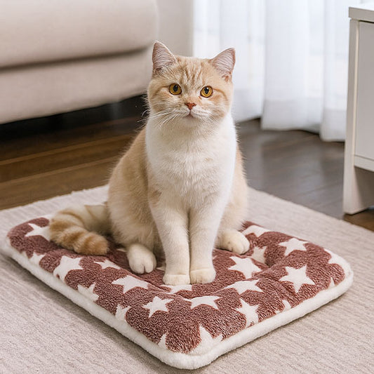 chat beige assis sur tapis de lit pour chat