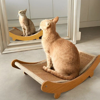 chat beige face vitre  sur son griffoir en sisal et bois