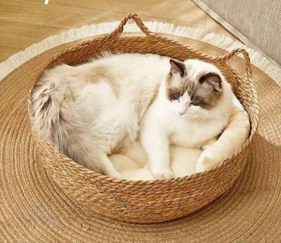 chat blanc couché dans son Panier chat en rotin tissé main