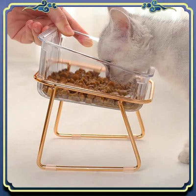 chat blanc mange dans la Gamelle chat surélevée  Doré & Transparent 