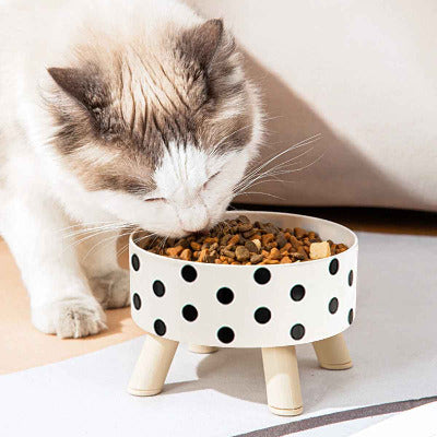 chat blanc mange dans Gamelle pour chat surélevée - Black & White 