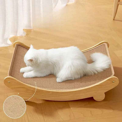 chat blanc sur griffoir sisal et bois et photo du tapis sisal