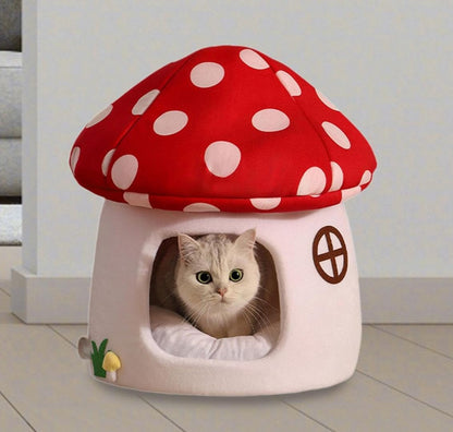 chat couché dans la niche champignon