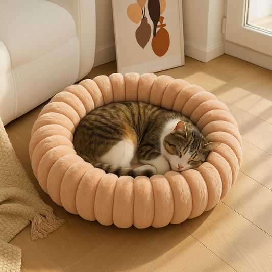 chat dormant paisiblement dans son lit pour chat beignet