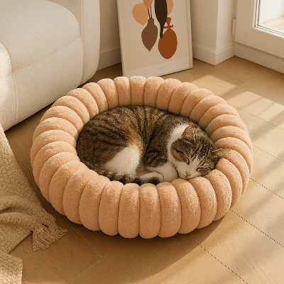 chat dort paisiblement dans le Lit pour chat moelleux forme beignet