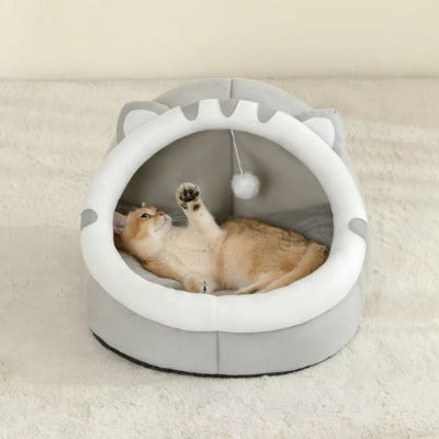 chat éveillé jouant dans sa niche pour chat oreilles félin