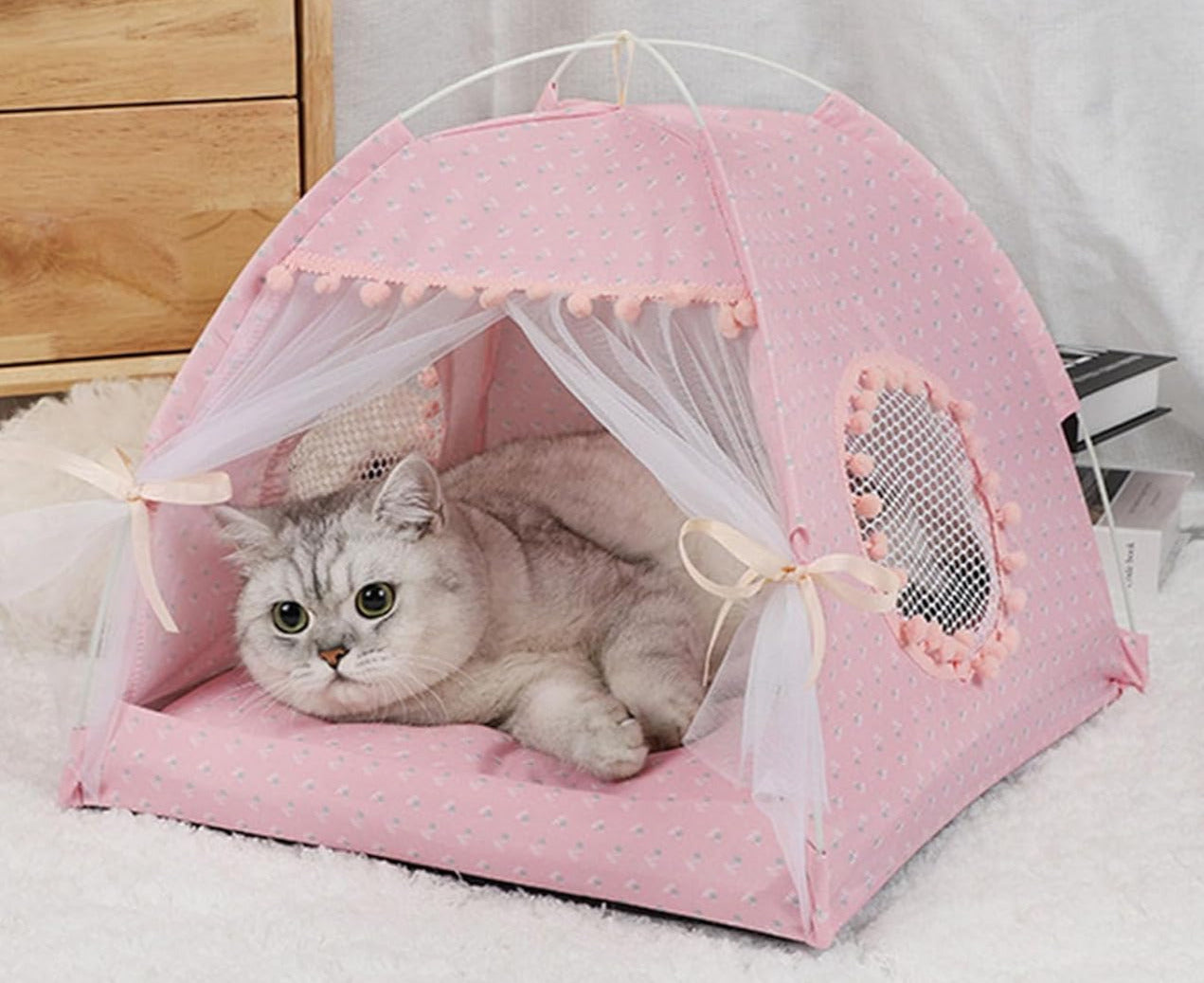 chat gris allongé dans la tente rose