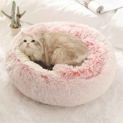 chat sur son Nid de couchage moelleux pour chat rose
