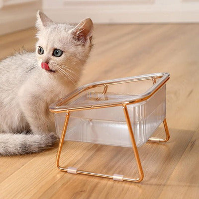 chaton blanc boit dans la Gamelle chat surélevée  Doré & Transparent
