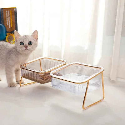 chaton blanc près de la Gamelle chat surélevée Doré & Transparent double