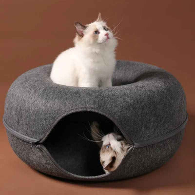 coussin pour chat donut gris avec deux chats