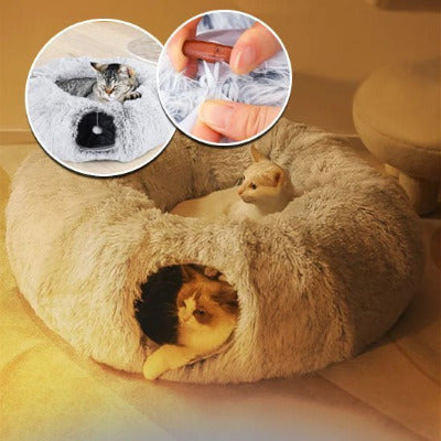 coussin tunnel donut chat avec deux chats et deux images