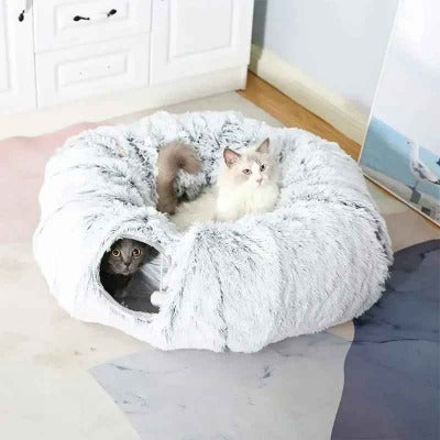 coussin tunnel donut chat gris avec deux chats dessus