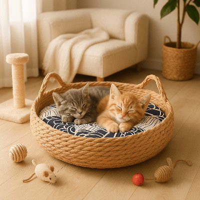 deux chatons dorment dans le même Panier chat en rotin tissé main 