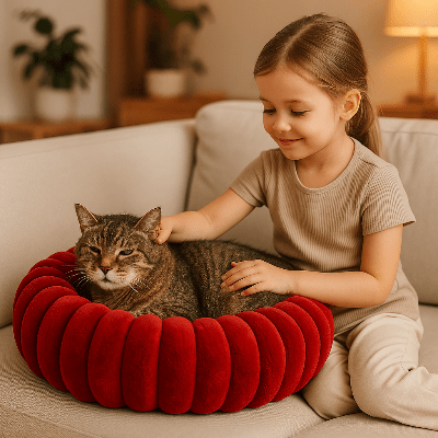 fillette caresse un chat qui est couché dans le Lit pour chat moelleux forme beignet 