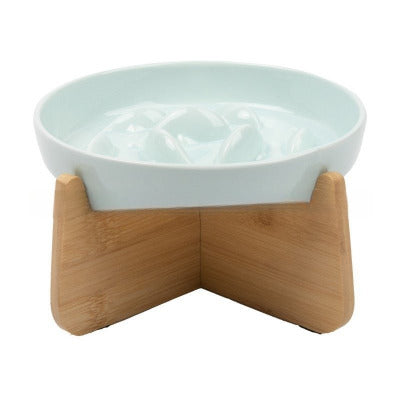 Gamelle anti glouton chat Céramique Poissons avec support bois et bol bleu