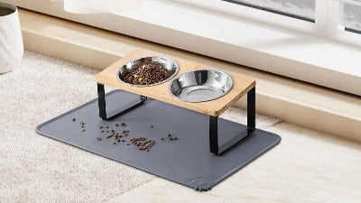 Gamelle chat surélevée 2bols avec croquettes sur un tapis de protection