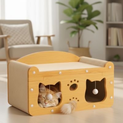 Griffoir Chat | ProtectDesign tête de chat avec un chat qui dort