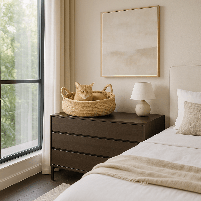 Panier chat en rotin tissé main dans une chambre