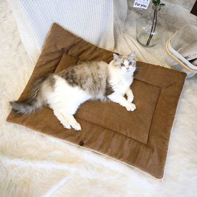 Panier pour chat transformable en tapis avec chat couché dessus 